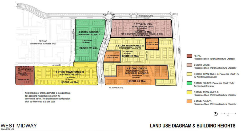 Alameda Post - a bird's eye view land use diagram and building height map for the proposed West Midway project