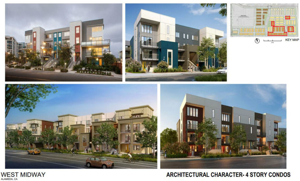 Alameda Post - renderings of the types of buildings at West Midway Development. The renderings are of four story condos with porches 