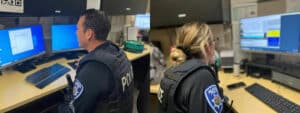 Alameda Post - two photos of police officers looking at computer screens. Data-driven policing is proposed to make Alameda safer and help manager resources
