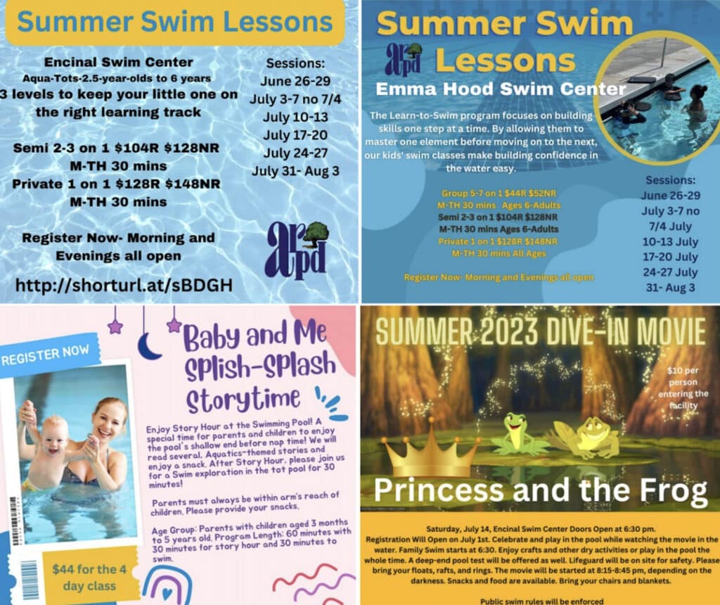 Alameda Post - a collage of poster for swim classes and activities