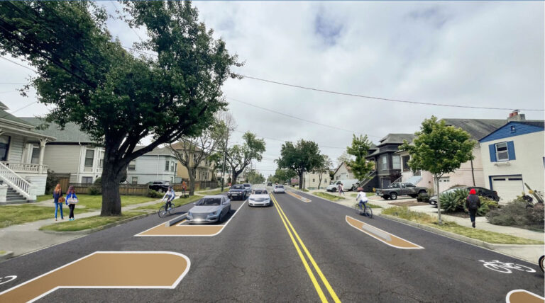 Alameda Post - a photo of Grand Street with rendered features of proposed road changes. This original design includes a one-way bike lane on both sides of the road, protected by periodic barriers on one side and parked cars on the other