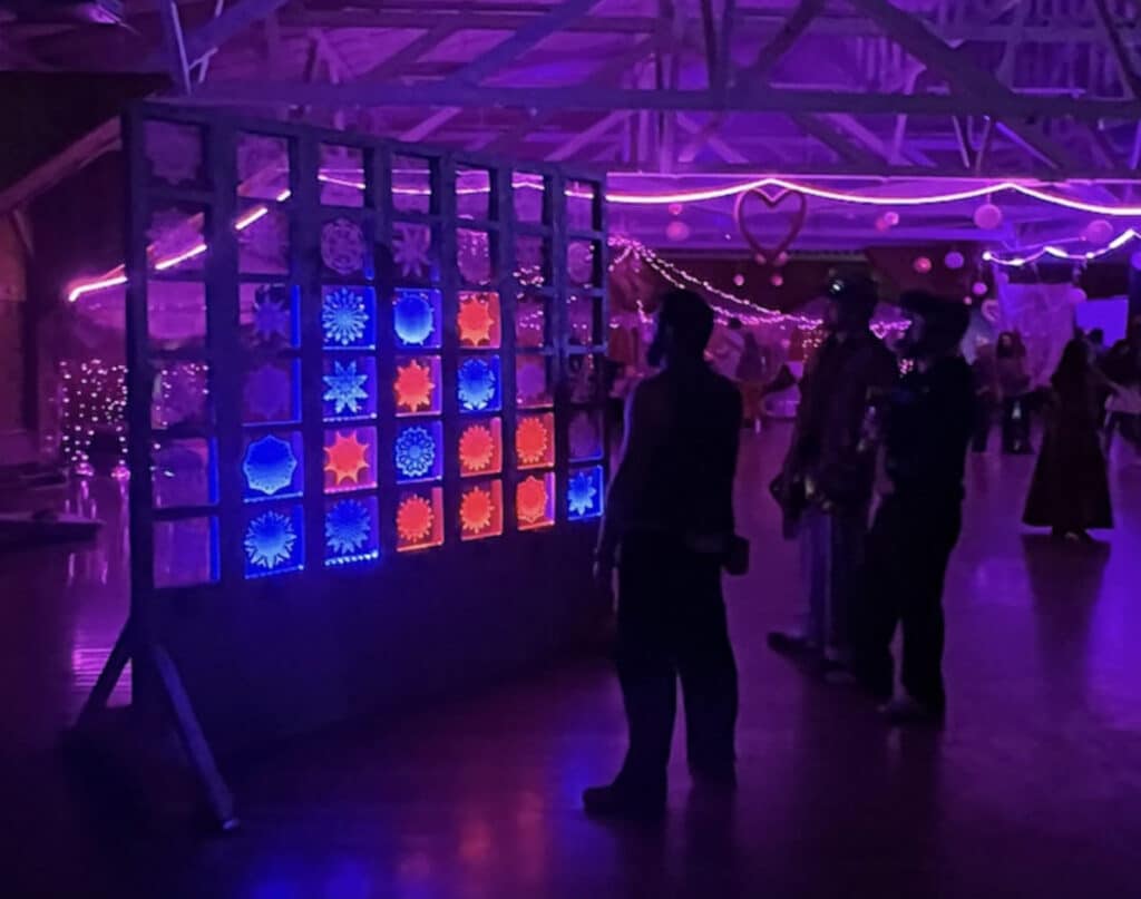 Alameda Post - a large light display of what appears to be a giant, playable connect four game