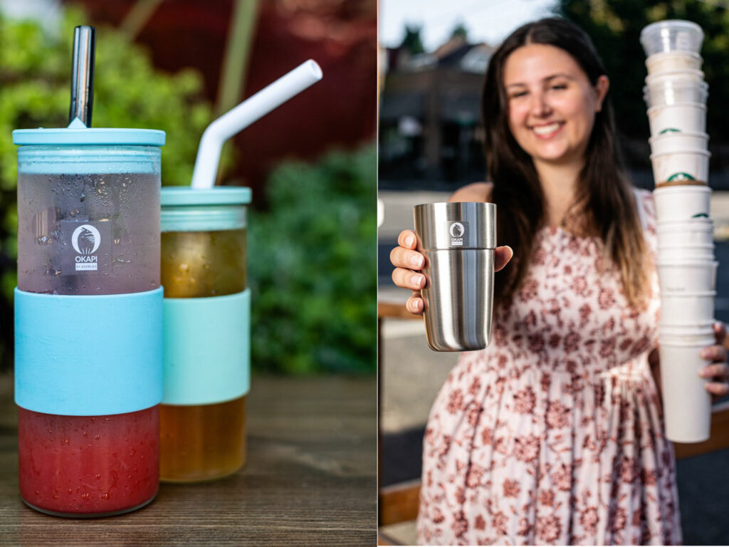 Alameda Post - OKAPI reusable cups and a smiling person handing the viewer a cup and holding back a bunch of single use cups