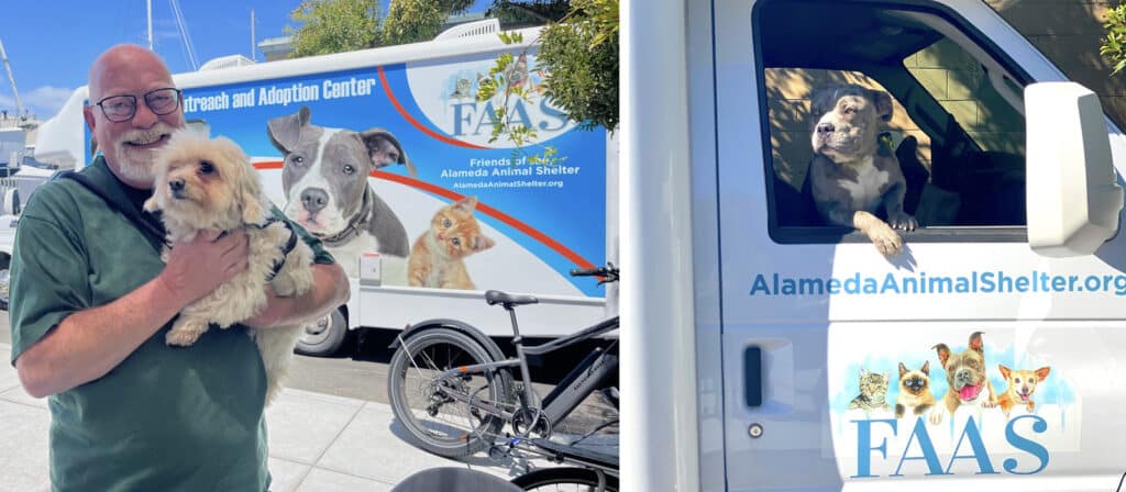 Alameda Post - the FAAS van, a man holding a dog, and a dog in the passenger seat