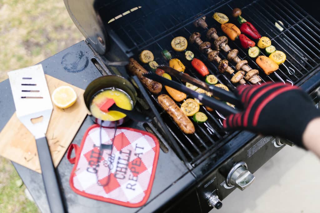 Alameda Post - a grill with skewers of vegetables and sausages