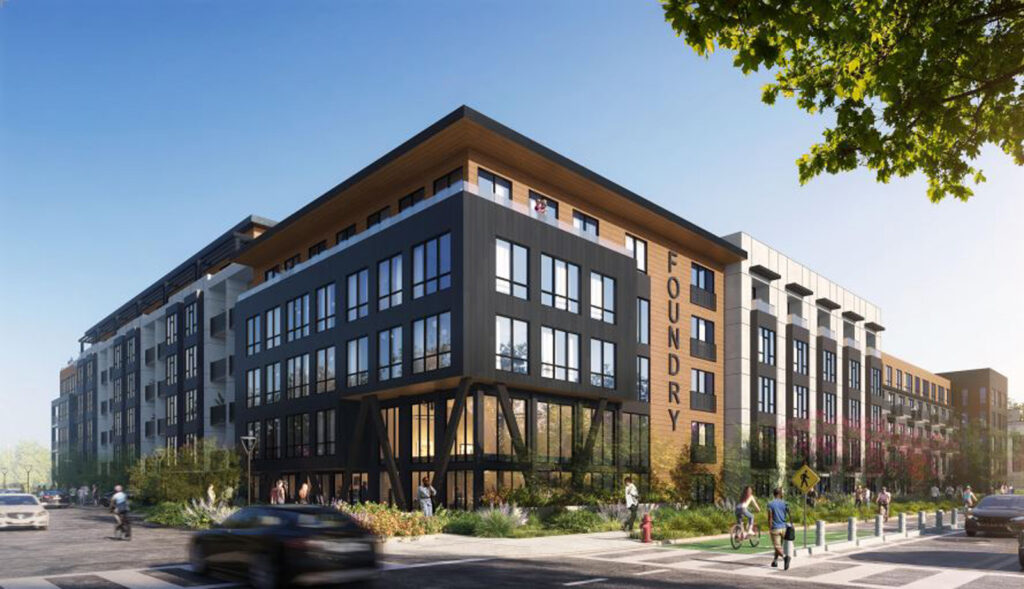 Alameda Post - the render of the front of a new apartment building called The Foundry, which is part of the Alameda Marina Master Plan