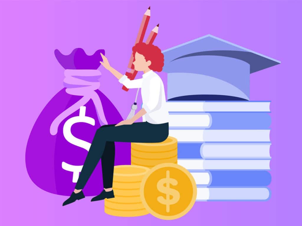 Alameda Post - an image of a cartoon person sitting on a stack of coins next to a moneybag, a pile of books, and a graduation cap