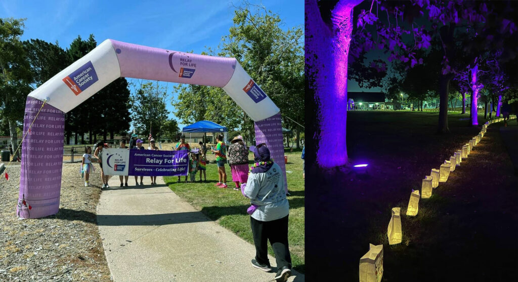 Alameda Post - Relay participants walk through the American Cancer Society arch in Leydecker Park. Luminarias honor lives touched by cancer. Relay participants them to lost loved ones, those who are currently facing cancer, and others who have overcome it.