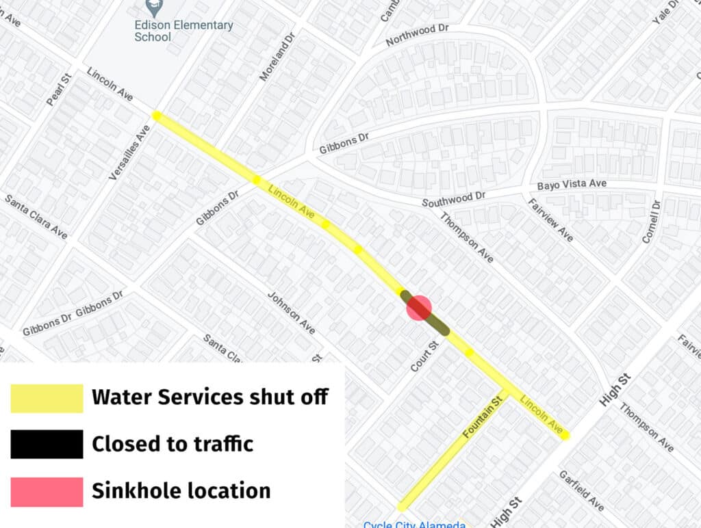 Alameda Post - Google map and legend showing location of sinkhole, roadwork, and water services shutoff surrounding 2929 Lincoln Ave.