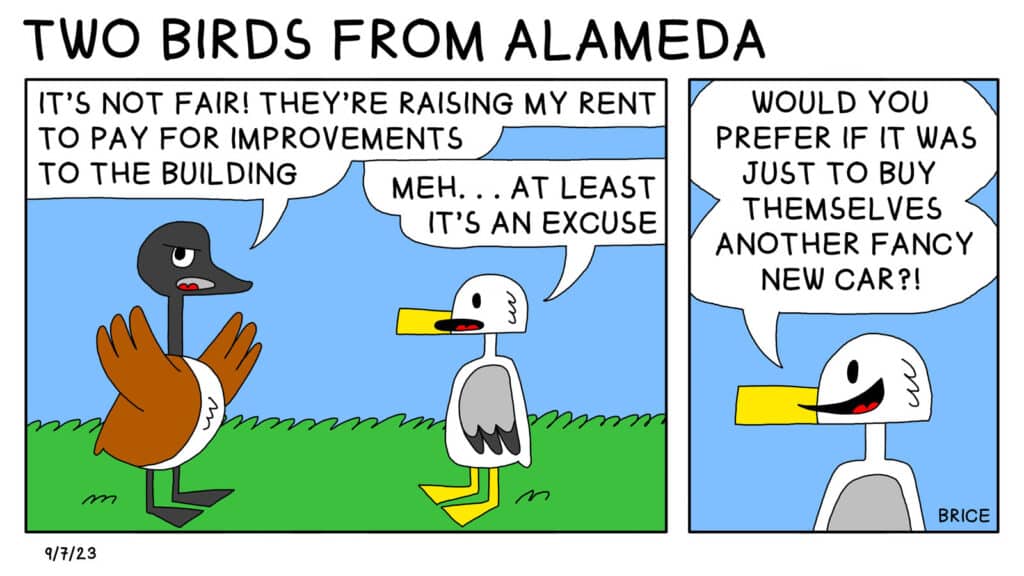 Alameda Post – Two Birds from Alameda for September 7, 2023. First panel: Goose and Seagull stand in a field talking. Goose says, “It’s not fair! They’re raising my rent to pay for improvements to the building.” Seagull responds, “Meh… At least it’s an excuse.” Second panel: Seagull continues, “Would you prefer it it was just to buy themselves another fancy new car?!”