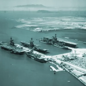 Alameda Post - Aircraft carriers berthed next to Seaplane Lagoon, circa 1940