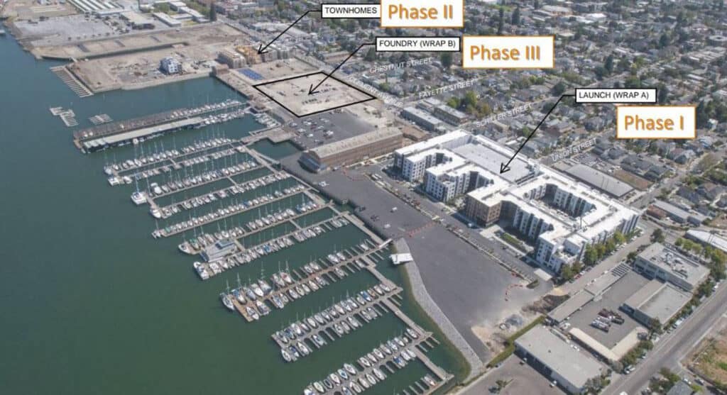 Alameda Post - an aerial view of the Alameda Marina housing area including arrows pointing to Phase I, Phase II, and Phase III of the project.