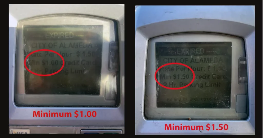 Alameda Post - Bear's-Eye View of Alameda for October 8, 2023 – some meters have a $1.00 minimum, others have a $1.50 minmum