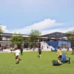 Alameda Post - a render of a green schoolyard with students milling around