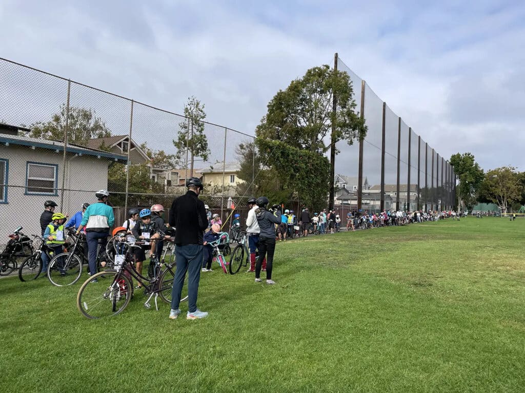 Alameda Post - lots of cyclists line up for the 2023 Family Fun Ride Around Alameda