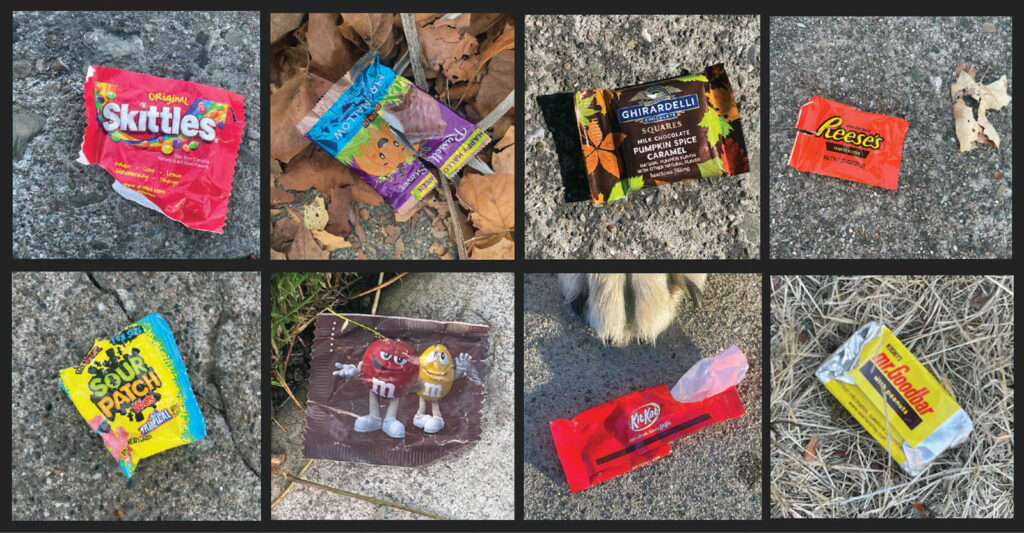 Alameda Post - Bear's-Eye View of Alameda for November 5, 2023. A collage of candy wrappers left over from Halloween.
