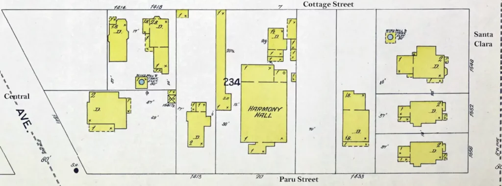 1897 Sanborn Fire Map shows that Harmony Hall (commonly spelled Harmonie Hall)