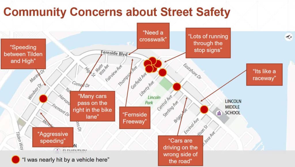 Alameda Post - a graphic with a map of Fernside Boulevard that includes concerns about street safely. Concerns include "speeding," "need a crosswalk," "It's like a raceway," and more.