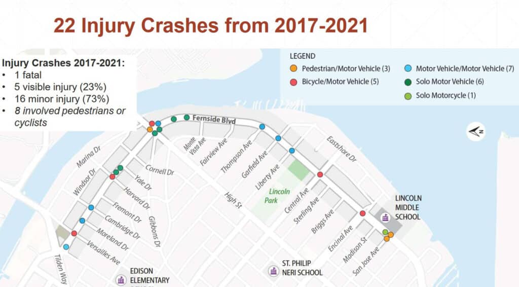 Alameda Post - a map of the 22 injury crashes on Fernside Boulevard from 2017 to 2021 