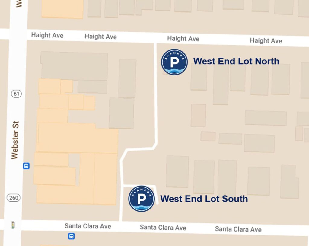 Alameda Post - a map with the west End Parking lot, part of free Saturday parking in December