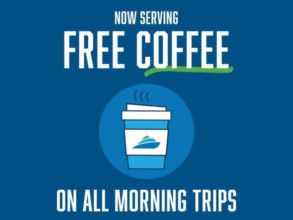 Alameda Post - an image that says, "Now Serving free coffee on all morning trips" with a small graphic of a coffee cup and an SF Bay Ferry logo
