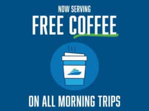 Alameda Post - an image that says, "Now Serving free coffee on all morning trips" with a small graphic of a coffee cup and an SF Bay Ferry logo
