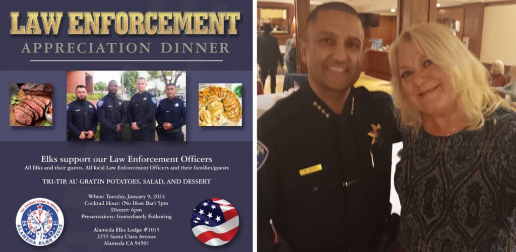 Alameda Post - the poster for the Elks Lodge law enforcement appreciation dinner and a selfie of a pair of smiling people