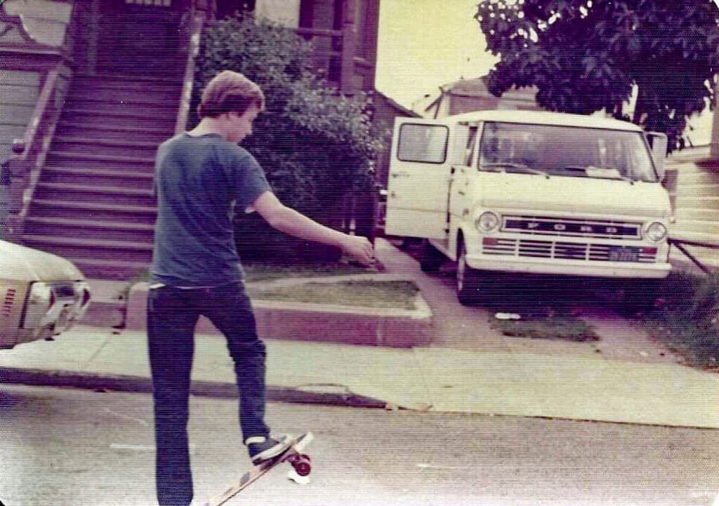 Alameda Post - a young Frank Derris riding a skateboard. He looks to be in high school