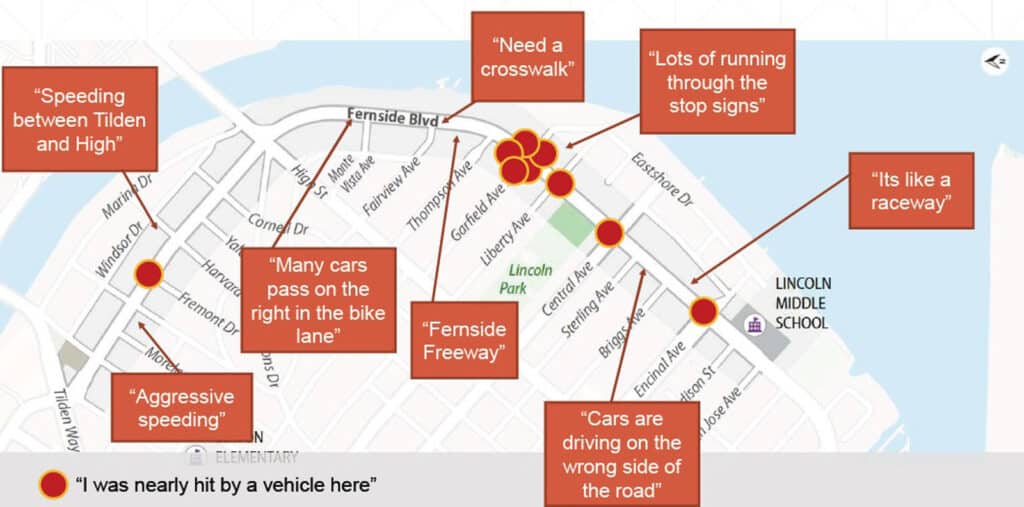 Alameda Post - a diagram of Fernside with comments from community members like "Need a crosswalk"