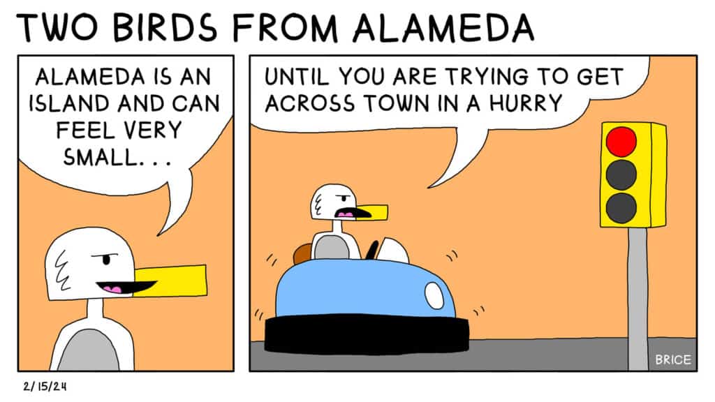 Alameda Post- Two Birds from Alameda for February 15, 2024. First panel: Seagull says, "Alameda is an island and can feel very small..." Second panel: The scene zooms out, and Seagull is sitting in a car at a red stoplight. Seagull says, "Until you are trying to get across town in a hurry."