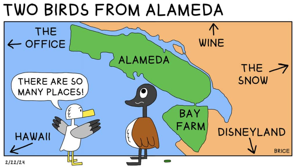 Alameda Post - Two Birds from Alameda for February 22, 2024. Only panel: Seagull and Goose stand in front of a giant map of Alameda and Bay Farm. Seagull spreads their wings and says, "There are so many places!" The map has arrows pointing in different directions with labels. The arrow towards San Francisco says "The office." The arrow northwards says "Wine." The arrow up and to the East says "The snow." The arrow pointing South says "Disneyland." The arrow into the ocean says "Hawaii." 