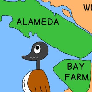 Alameda Post - Goose from Two Birds from Alameda stands in front of a map of Alameda and Bay Farm