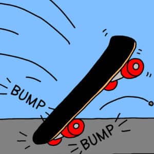 Alameda Post - a cartoon skate board bounces along without a rider