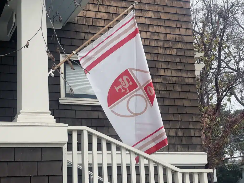 Alameda Post - Bear's-Eye View of Alameda for February 18, 2024. A flag supporting the San Francisco 49ers