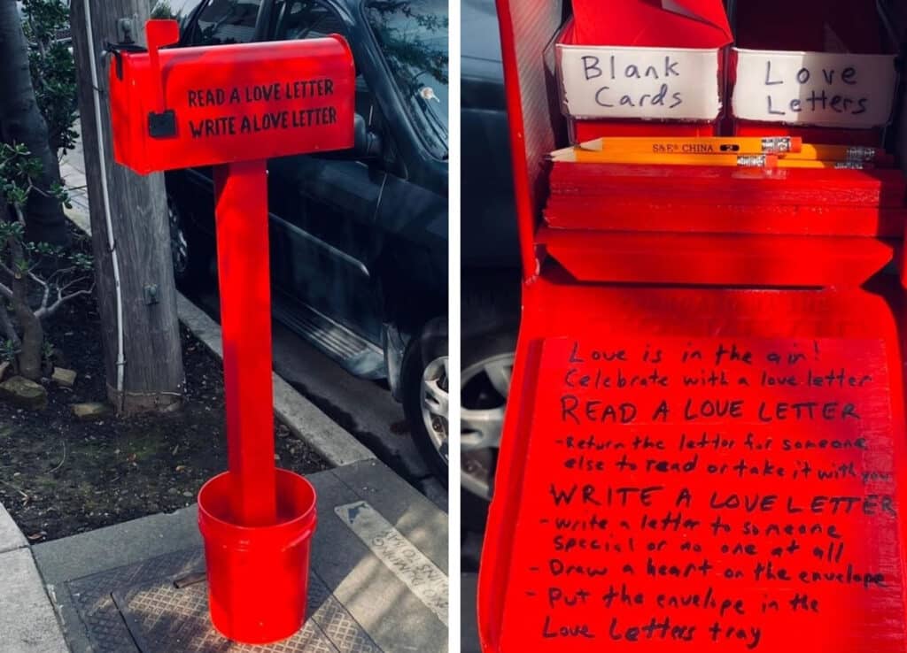 Alameda Post - red mailbox that says "Read a love letter, write a love letter." Inside, there are blank cards and completed love letters, along with directions.
