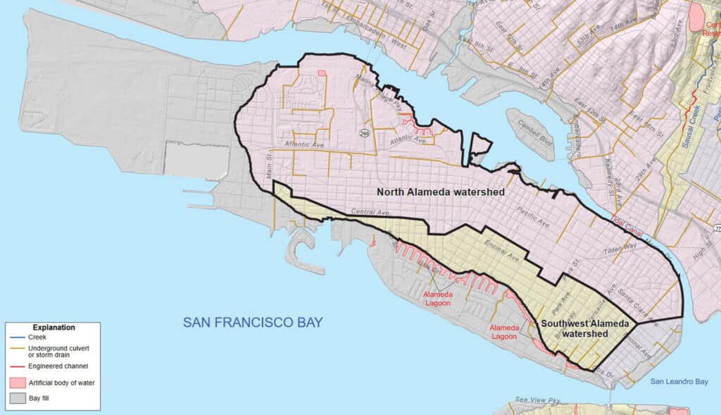 Alameda Post - a map of storm drains which contribute to trash washing into the estuary from Alameda