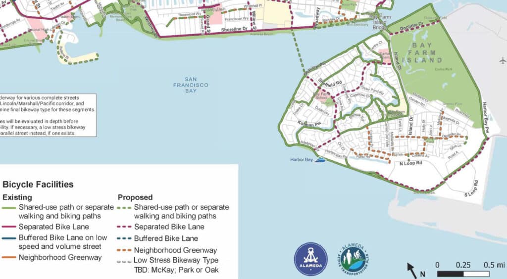 Alameda Post - a map of Bay Farm including a lot of additional bicycle infrastructure including separated bike lanes and neighborhood greenway