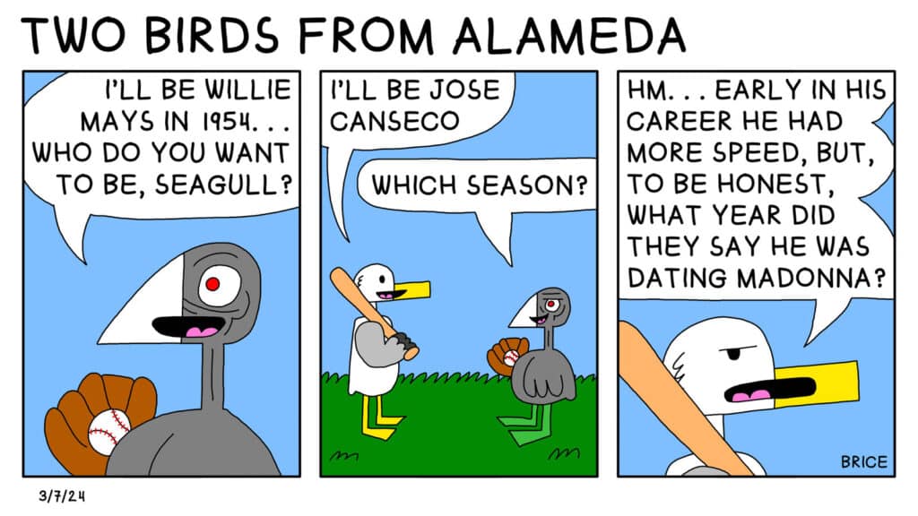 Alameda Post - Two Birds from Alameda for March 7, 2024. First panel: A coot with yellowish green feet is holding a baseball and says, "I'll be Willie Mays in 1954... Who do you want to be Seagull?" Second panel: Seagull stands holding a bat and says, "I'll be Jose Canseco." The coot asks, "Which Season?" Third and final panel: Seagull replies, "Hm.. early in his career he had more speed, but, to be honest, what year did they say he was dating Madonna?"