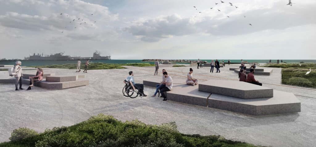 Alameda Post - a rendering of a place people can sit and gather at De Pave Park