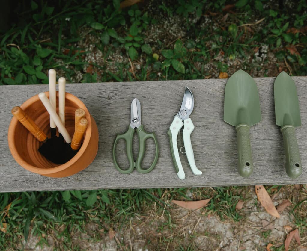Alameda Post - gardening tools on a bench