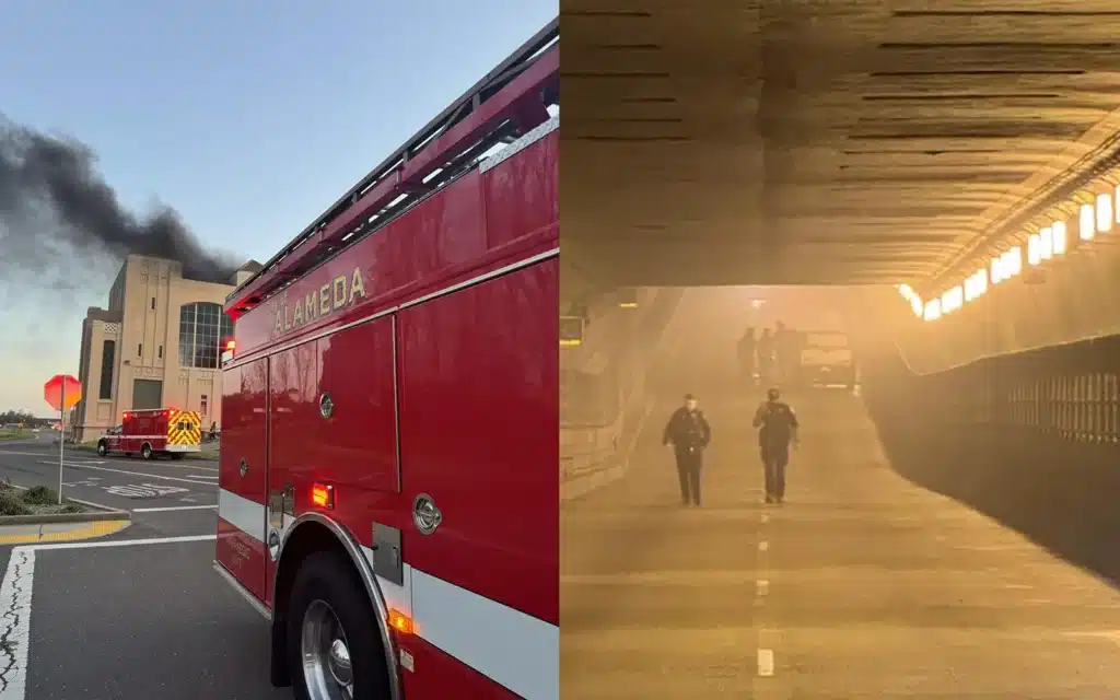 Alameda Post - Fire fighters set up equipment outside the Posey Tube in one image and walk away from a pickup truck that caught fire April 8, 2024, inside the Posey Tube in the other