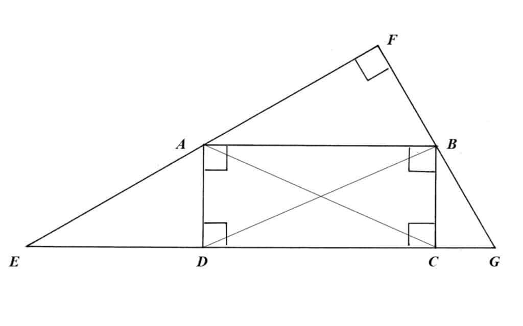 Alameda Post - a rectangle is inscribed within a right triangle laying on its hypotenuse, with points labled E, F, and G. The upper left corner of the rectangle, labeled A, is midway between E and F. The other corners of the rectangle are labeled B, C, and D.
