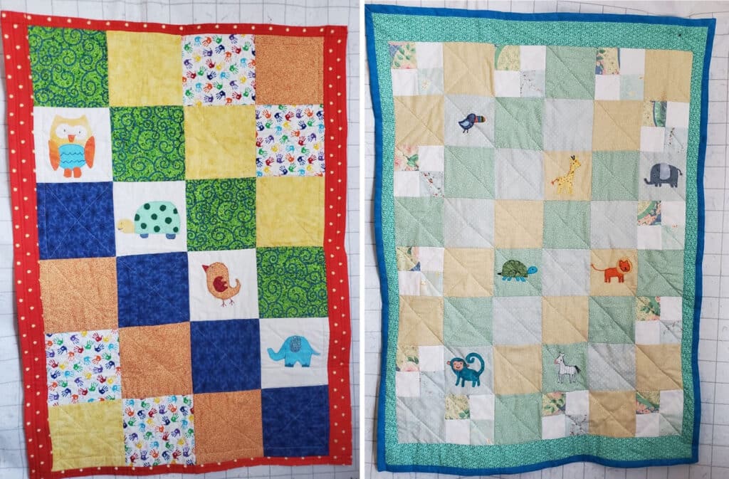 Alameda Post - two quilts by Fran Kahane with colorful squares and cute little animals