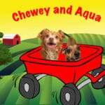 Alameda Post - an illustration of Chewey and Aqua the adoptable dogs in a little red wagon on a farm