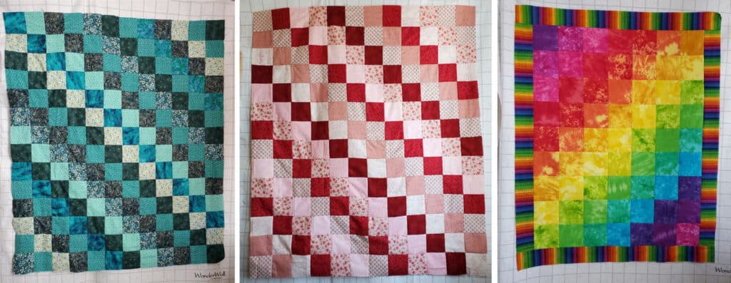 Alameda Post - three quilts of various colors using lots of small squares