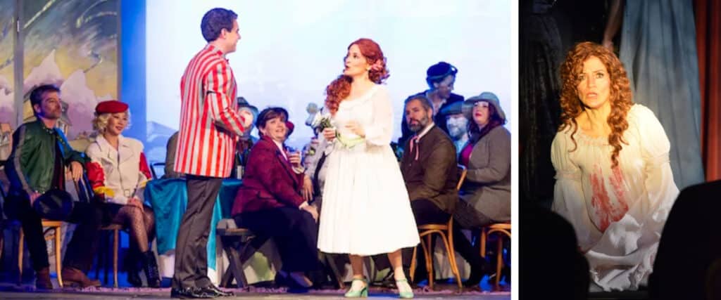 Alameda Post - Eileen Meredith wears a white dress onstage with a large cast. In another photo, Eileen is in a nightdress covered in blood.