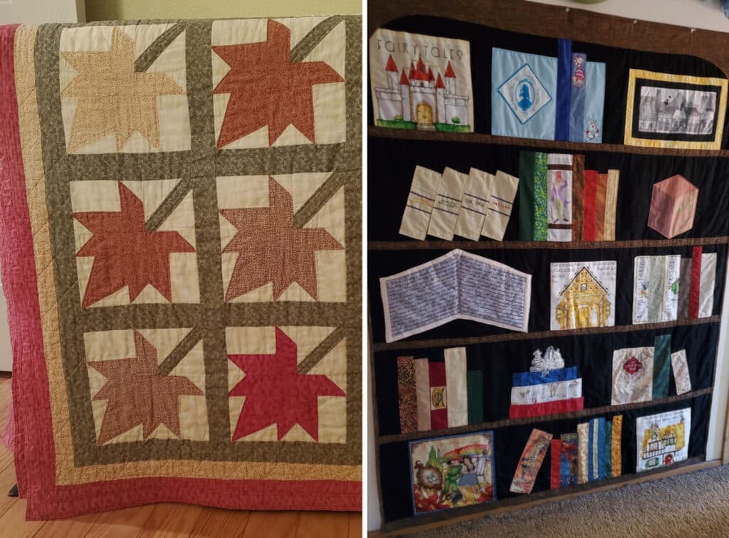 Alameda Post - a maple leaf pattern quilt and a very creative quilt that looks like a bookcase