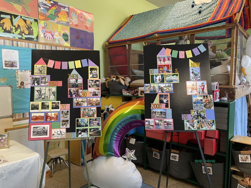 Alameda Post - inside Kiddie Kampus, two easels are decorated with photos of previous students