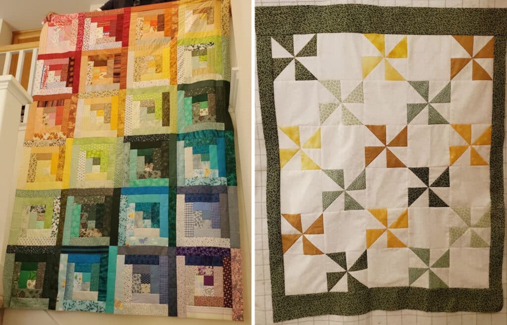 Alameda Post - A rainbow colored scrap quilt and a quilt with pinwheels