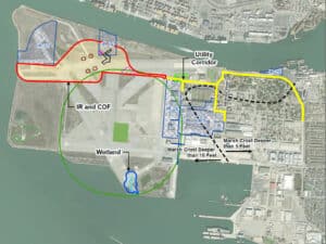 Alameda Post – Department of Veterans Affairs map showing features and details of the construction at Alameda Point. Map from VA Marsh Crust Permit.